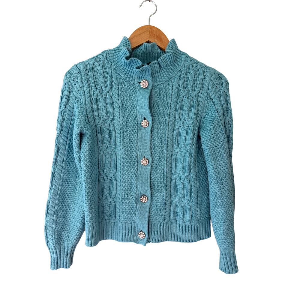 Talbots Petite Cable Knit Cardigan Sweater Turquoise Jeweled Buttons P
